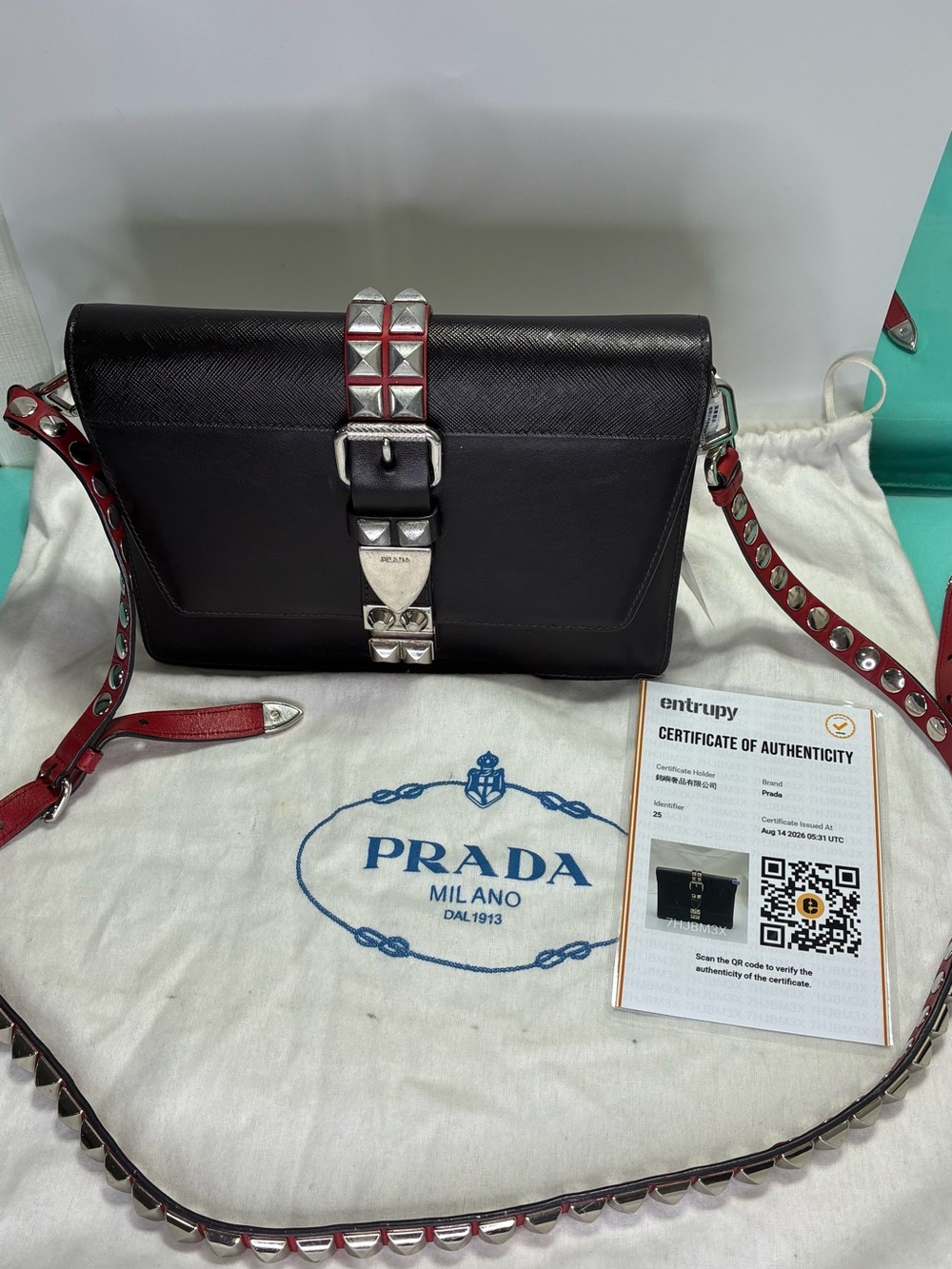 Prada Black Leather Crossbody with Red Studded Strap